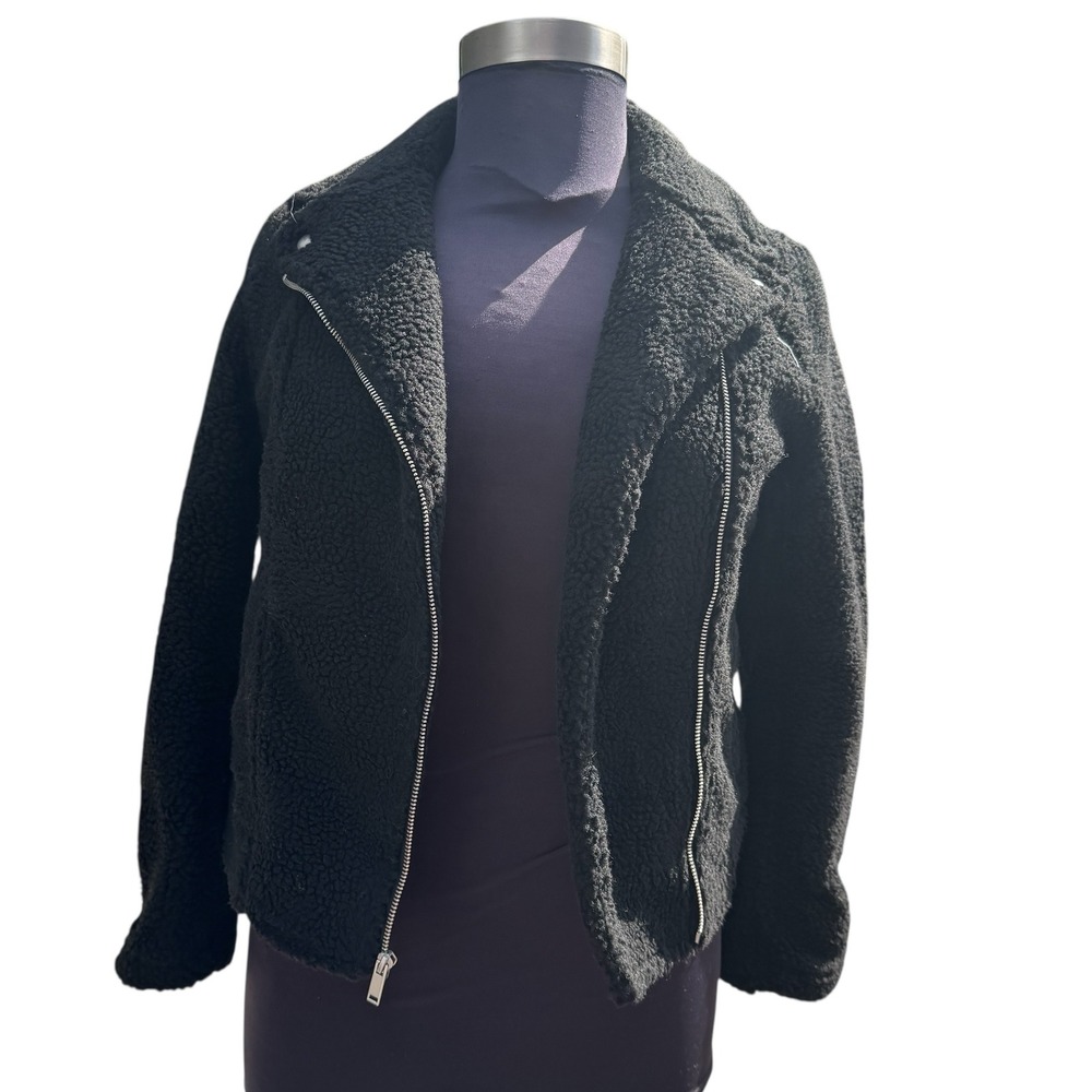 Old Navy‎ Black Sherpa Moto Jacket Size M Faux Fur Fleece Biker Coat gothcore